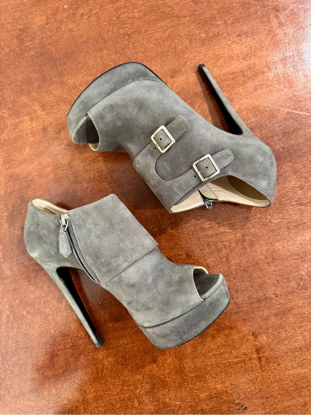 Prada Gray Suede Peep-Toe Platform Booties